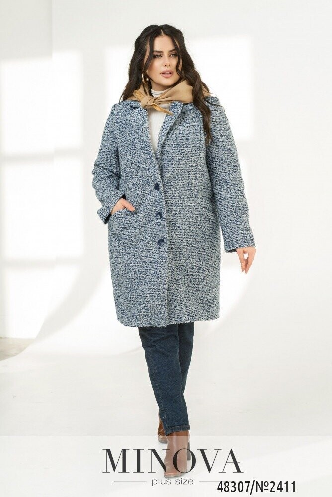 Пальто №2411-Синій-Білий Пальто №2411-Синій-Білий