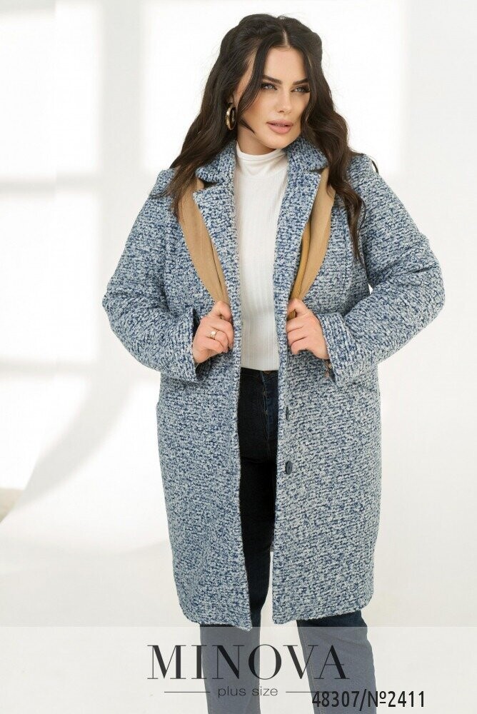Пальто №2411-Синій-Білий Пальто №2411-Синій-Білий