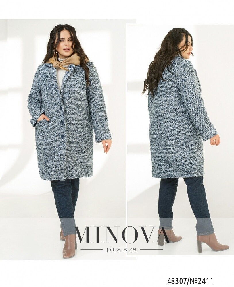 Пальто №2411-Синій-Білий Пальто №2411-Синій-Білий