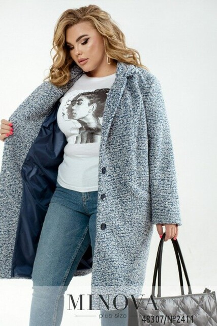 Пальто №2411-Синій-Білий Пальто №2411-Синій-Білий