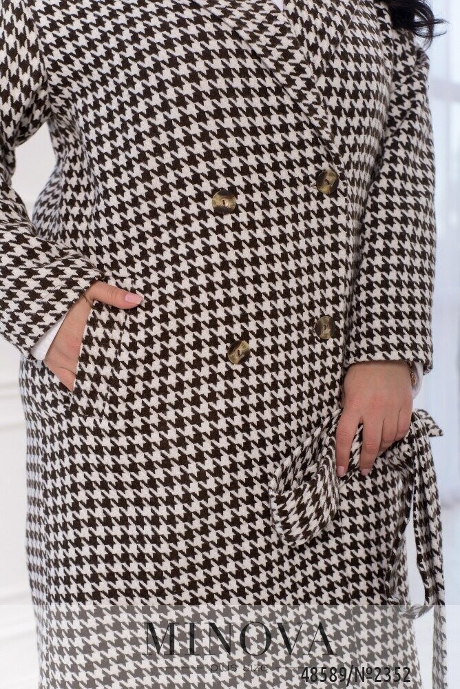 Пальто №2352-Коричневий-Білий
