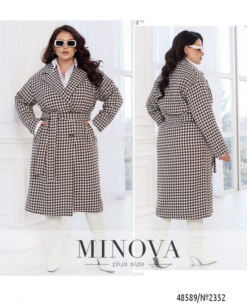 Пальто №2352-Коричневий-Білий